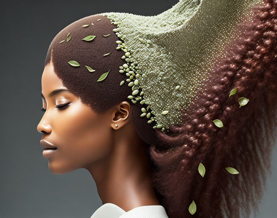 Woman's profile with stylized hair, pearls, green leaves, and textured wave.