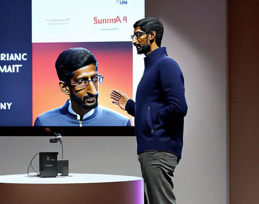 Man in Glasses Presenting on Stage with Image Screen