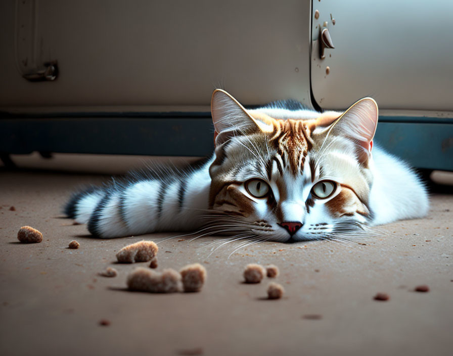 Tabby cat with striking eyes surrounded by scattered kibble on floor