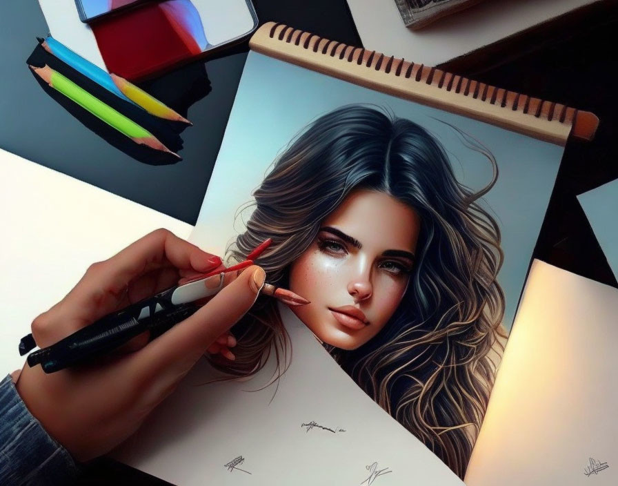 Hyper-realistic drawing of a woman with blue eyes and voluminous hair being finalized