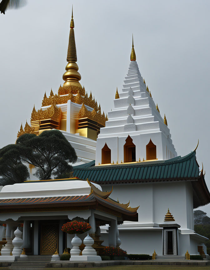 White temple with golden accents and tiered spires under hazy sky