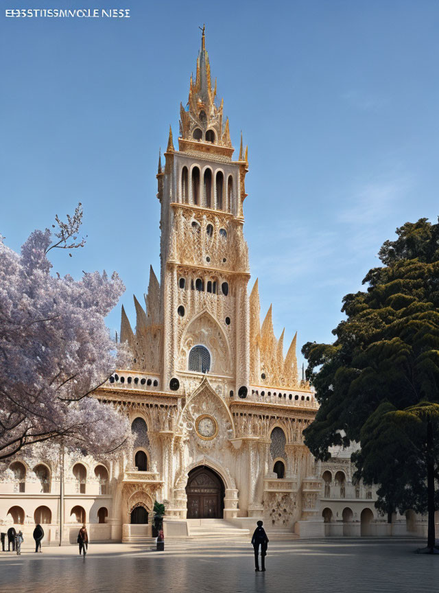 Gothic cathedral facade with pointed arches and spires, clear day view.