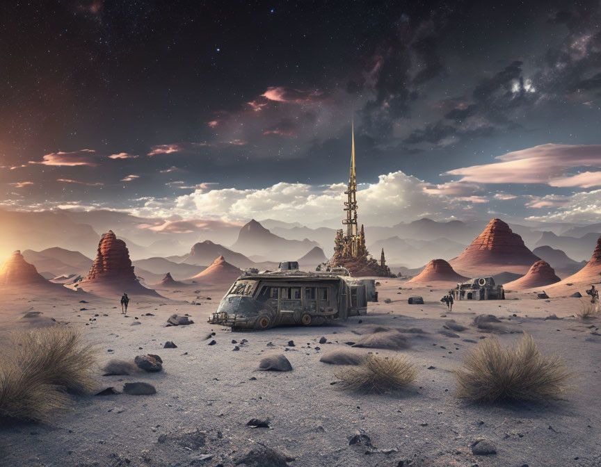 Futuristic vehicle in desert landscape with rock formations and antenna under dusk sky