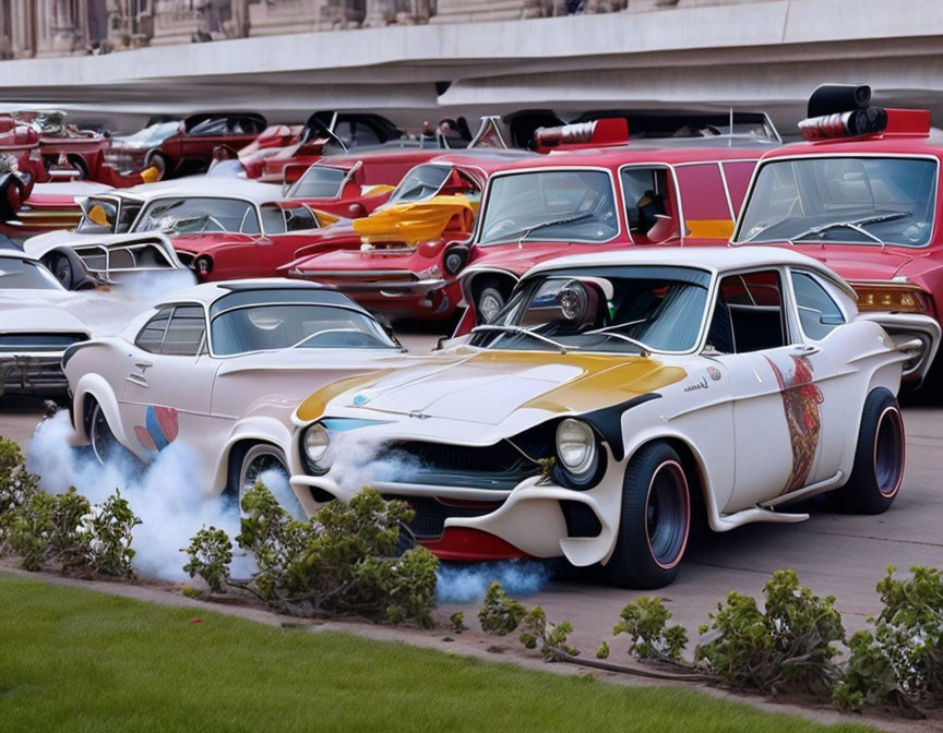 Vintage white car with racing stripes burns out in front of classic cars