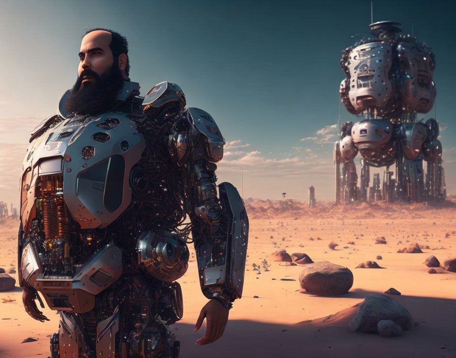 Futuristic warrior with mechanical body and human head in desert landscape