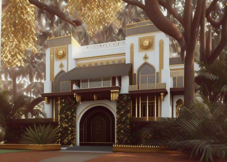 Traditional two-story house with white and gold accents, balconies, and trees.