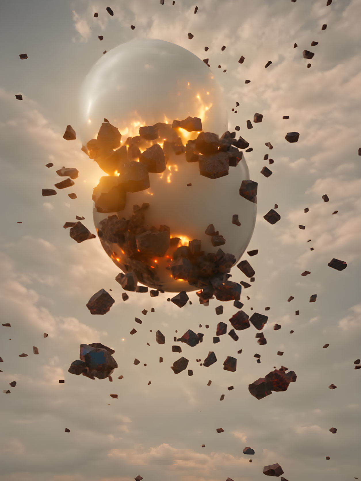 Fiery sphere disintegrates into floating debris under cloudy sky