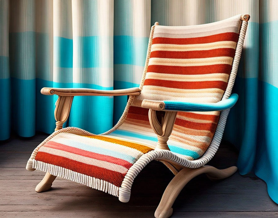 Striped deck chair in room with wooden flooring and blue curtains.