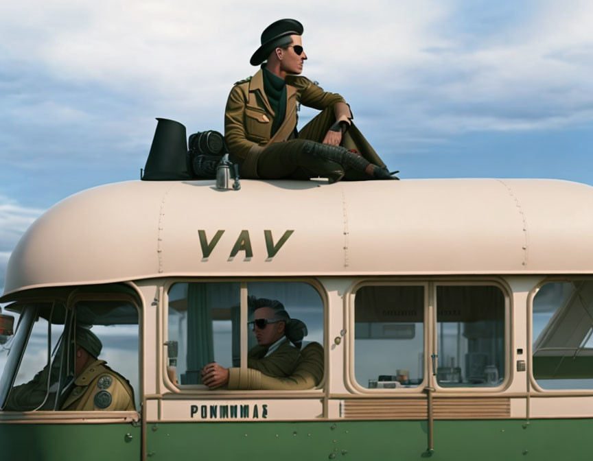 Two men on vintage bus with camera equipment.