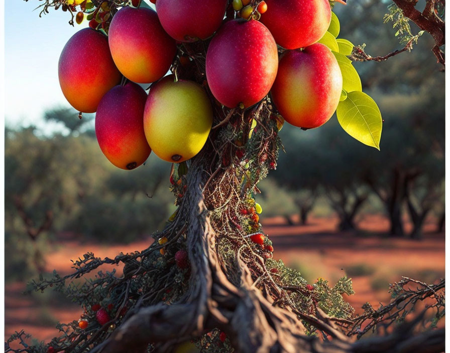 Vibrant Mangoes Hanging from Tree Branch in Orchard