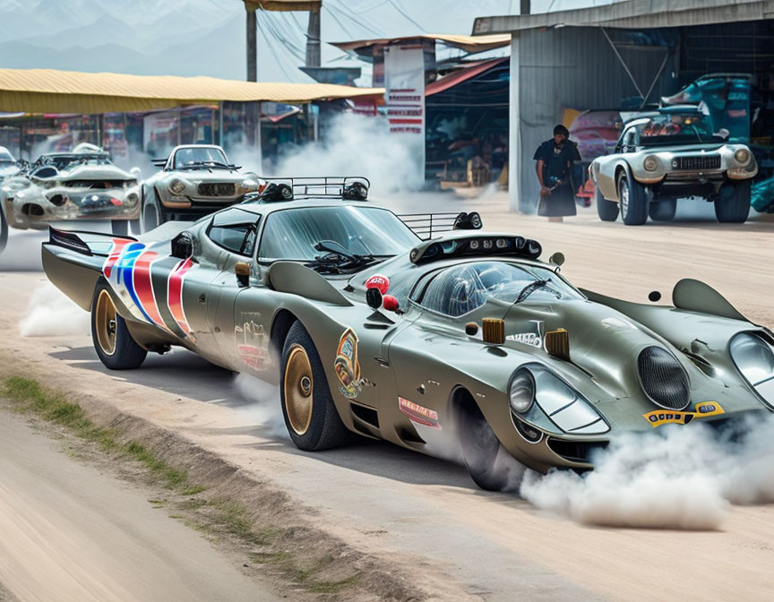 Eclectic custom cars parade with dramatic batmobile-like lead emitting smoke.