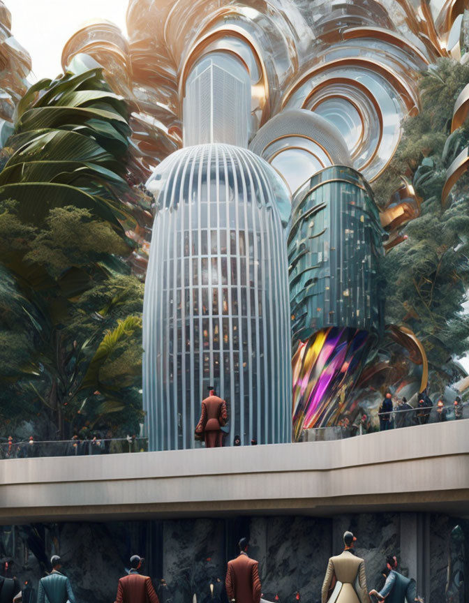 Futuristic cityscape with greenery, sleek buildings, and pedestrians.