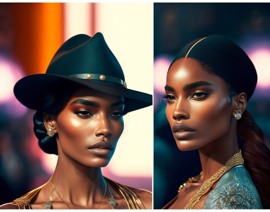 Portraits of a woman with bold makeup, stylish hat, and elegant jewelry.