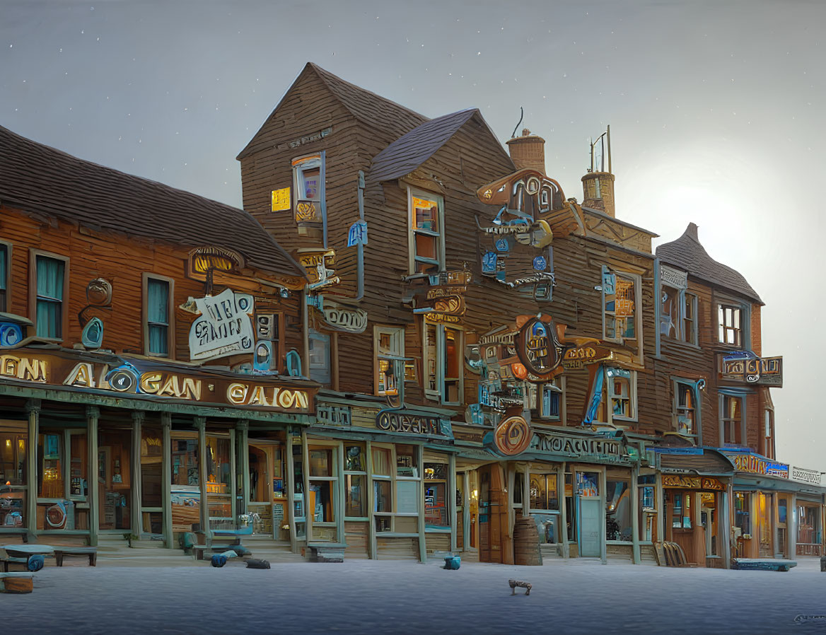 Historic Wild West town: Twilight scene with wooden buildings and vibrant signs.