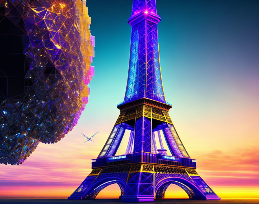 Colorful polygonal pattern overlay on Eiffel Tower at sunset