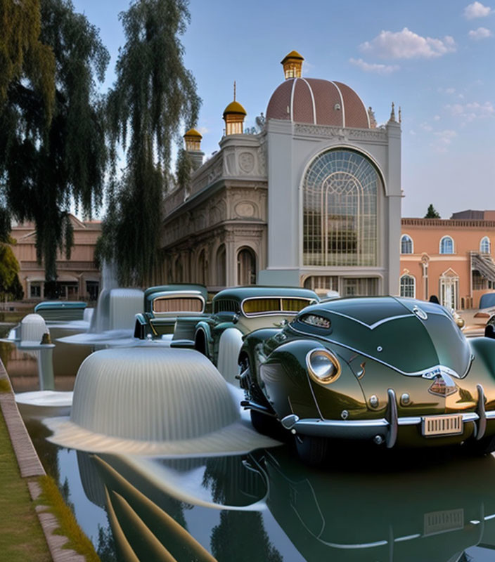 Classic architecture and vintage cars by water and domed roofs.