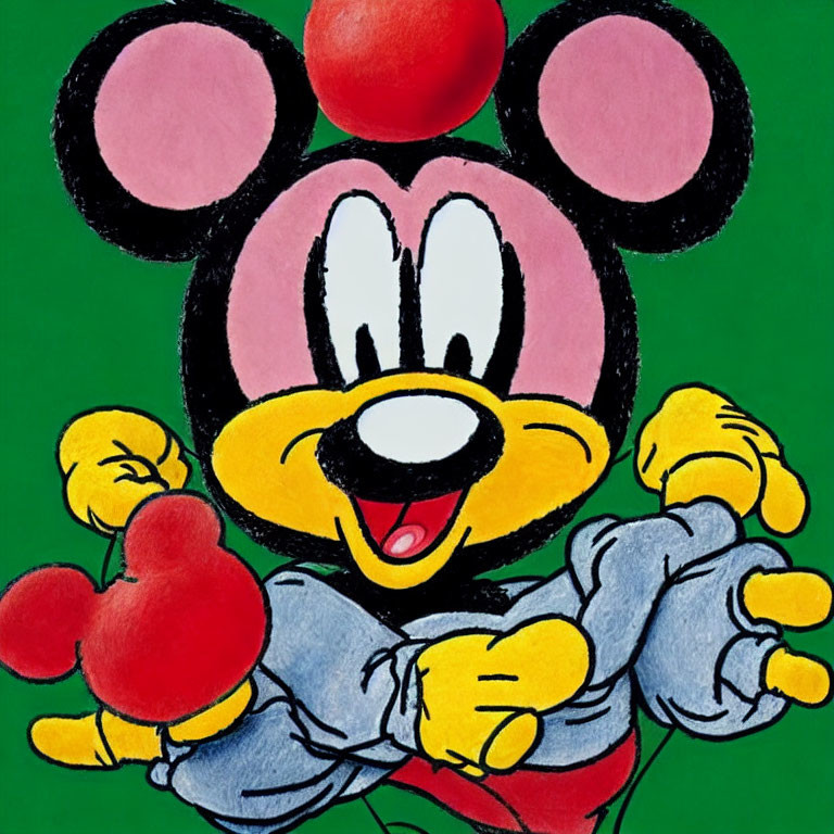 Vibrant animated mouse character with large ears and gloves on green background