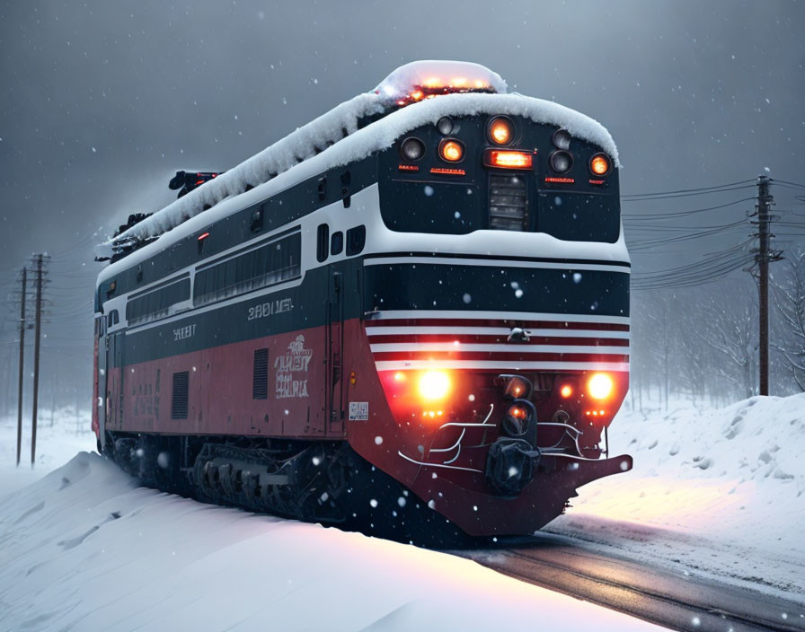 Snow-covered train on wintry tracks at dusk