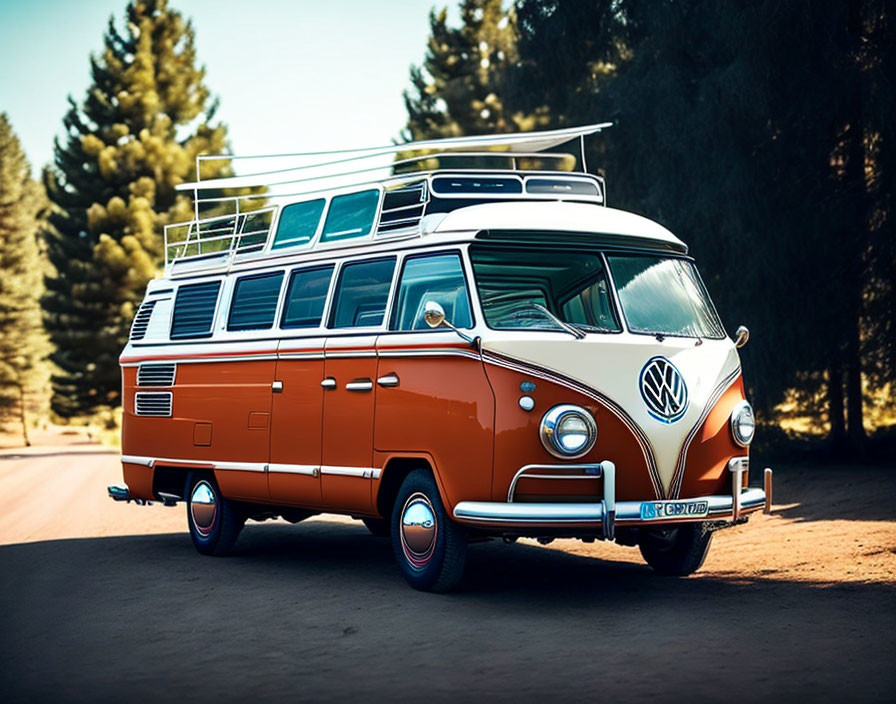 Vintage Orange and White Volkswagen Bus with Roof Rack Parked on Road Among Trees