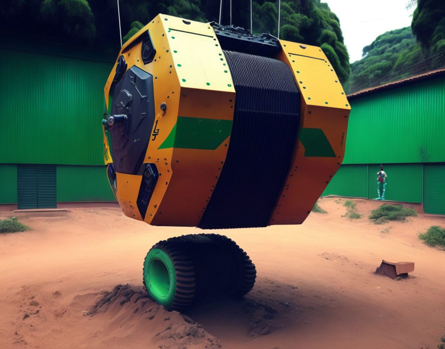 Futuristic yellow and green oversized wheeled vehicle parked on sandy area.