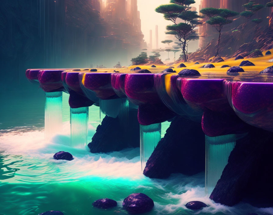 Futuristic bridge over turquoise river with lush cliffs and exotic trees