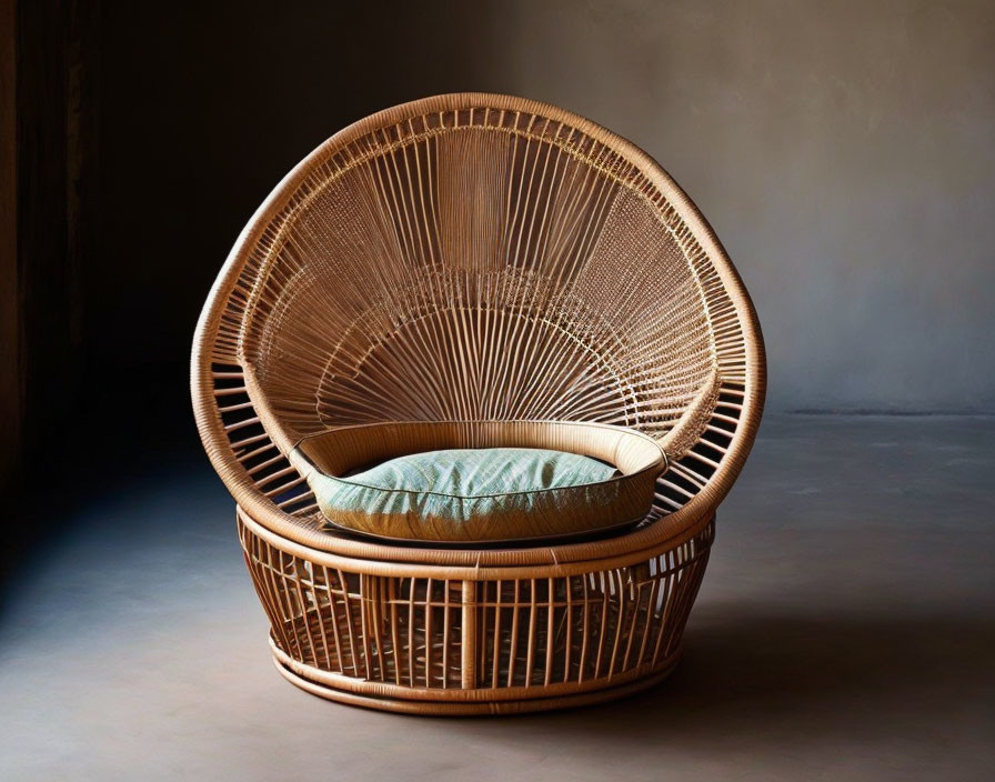 Round wicker chair with intricate patterns and soft green cushion on dark background