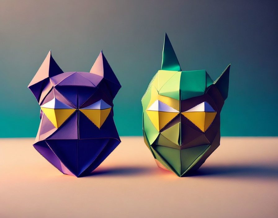 Colorful Geometric Owl Face Paper Sculptures on Two-Tone Background