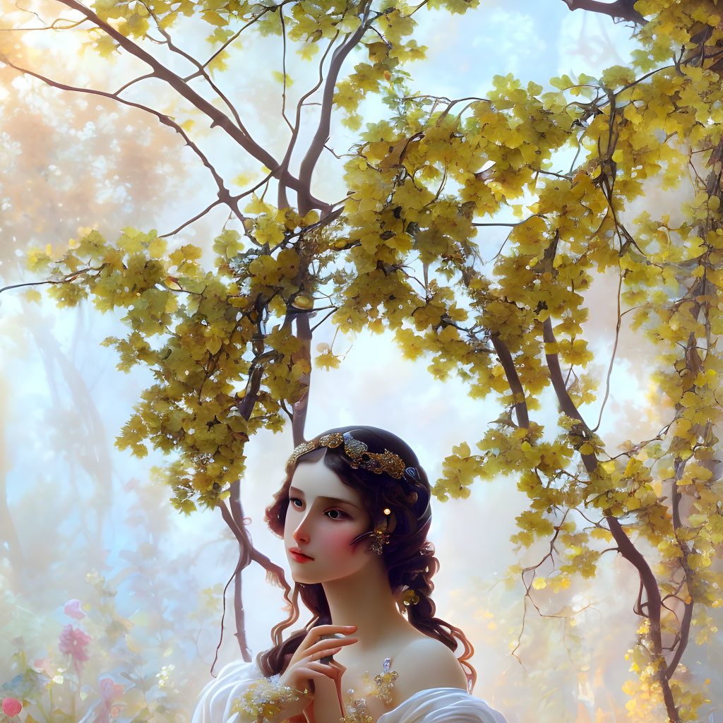 Woman in golden foliage with gentle gaze and delicate headpiece in dreamlike forest