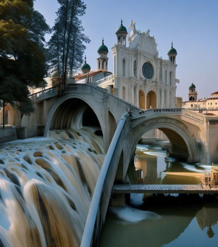 White Stone Bridge with Green Domes Overlooking Waterfalls in Nature