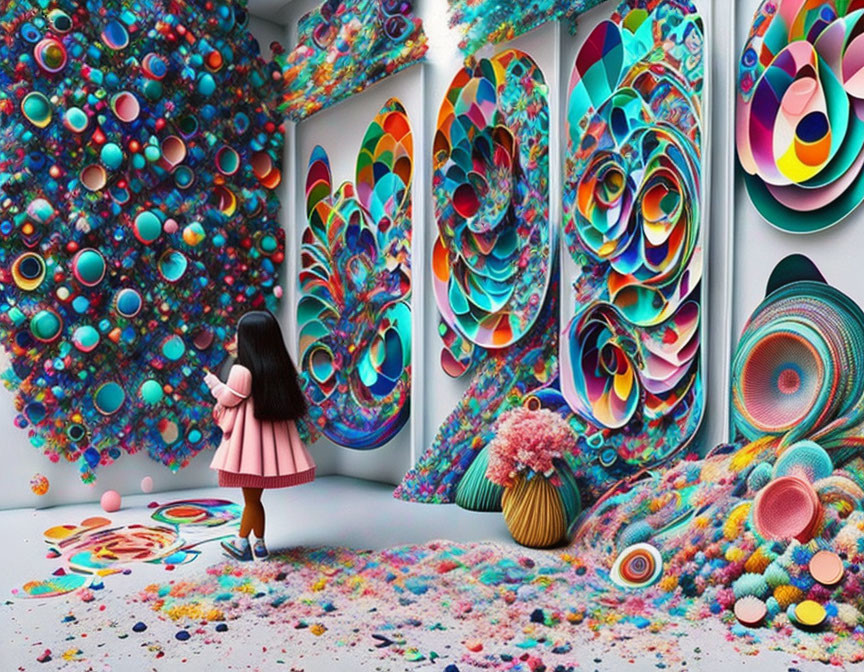 Child in Pink Coat Observing Psychedelic Room with Colorful Patterns