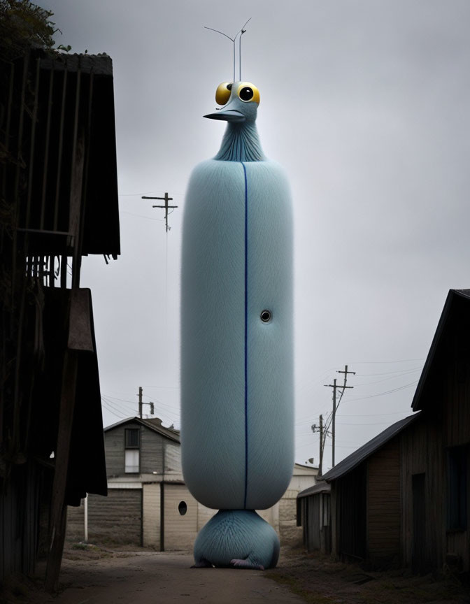 Blue cylindrical creature with yellow eyes in alleyway between wooden structures