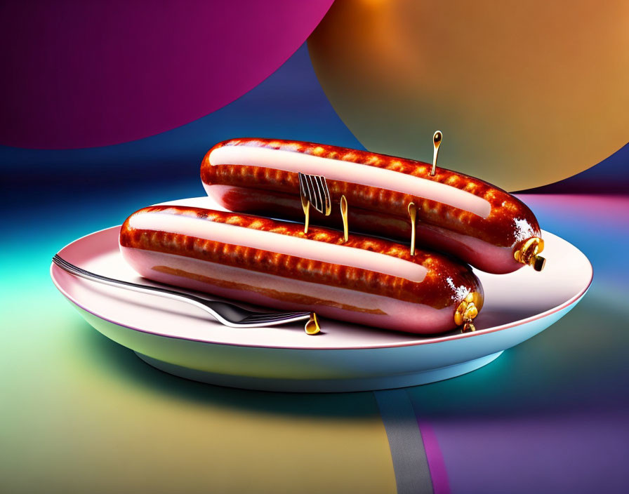 Grilled sausages on plate with toothpicks, colorful abstract background