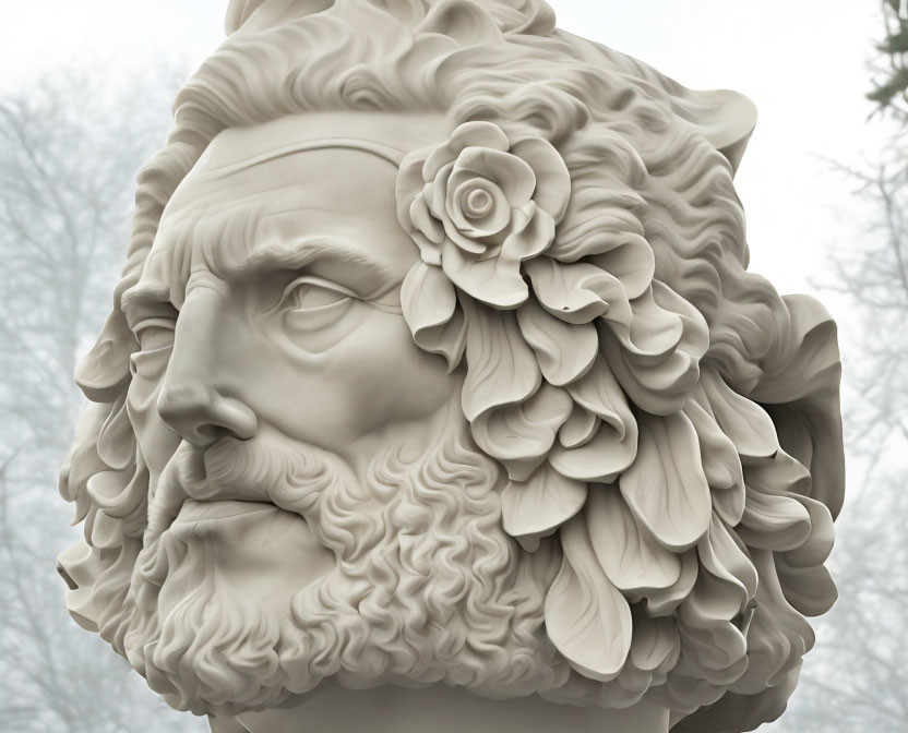 Detailed sculpture of a man's bearded head with roses in hair against misty backdrop