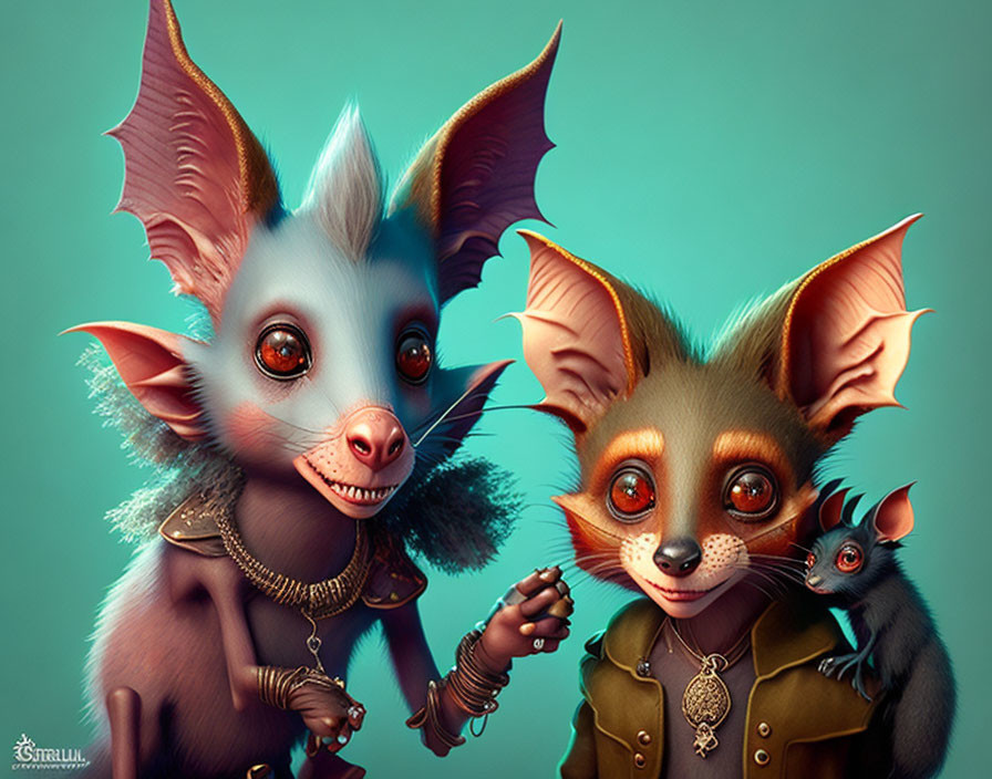 Two anthropomorphic bats in vintage attire with a small bat on the shoulder