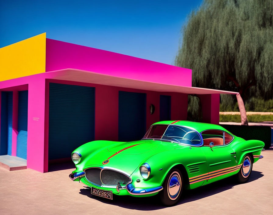 Vintage green car with red trims parked in front of mid-century modern building.