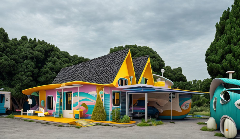 Whimsical Cartoon House and Vehicle in Colorful Setting