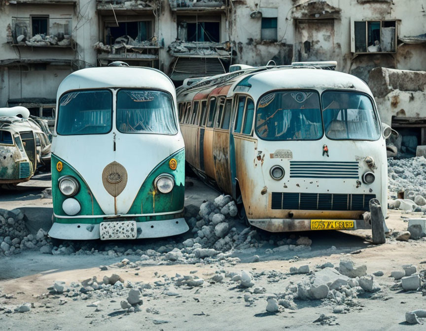 Two old rusting buses parked in front of dilapidated building