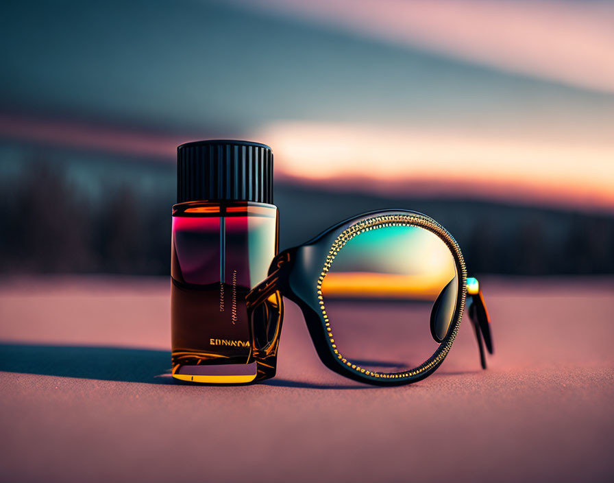 Amber glass bottle and black belt against sunset background