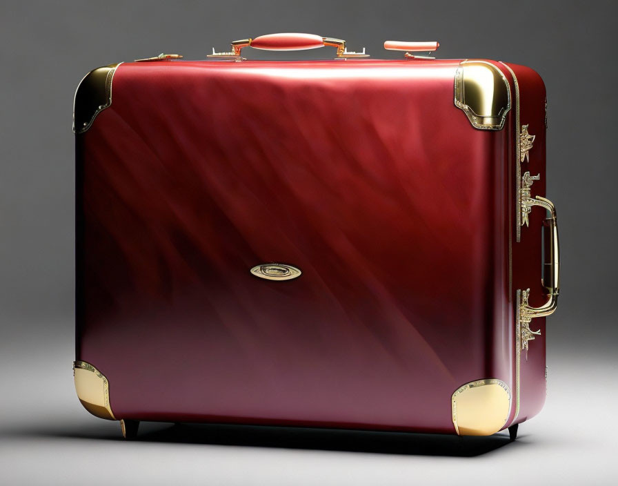 Vintage Red Suitcase with Golden Accents on Grey Background