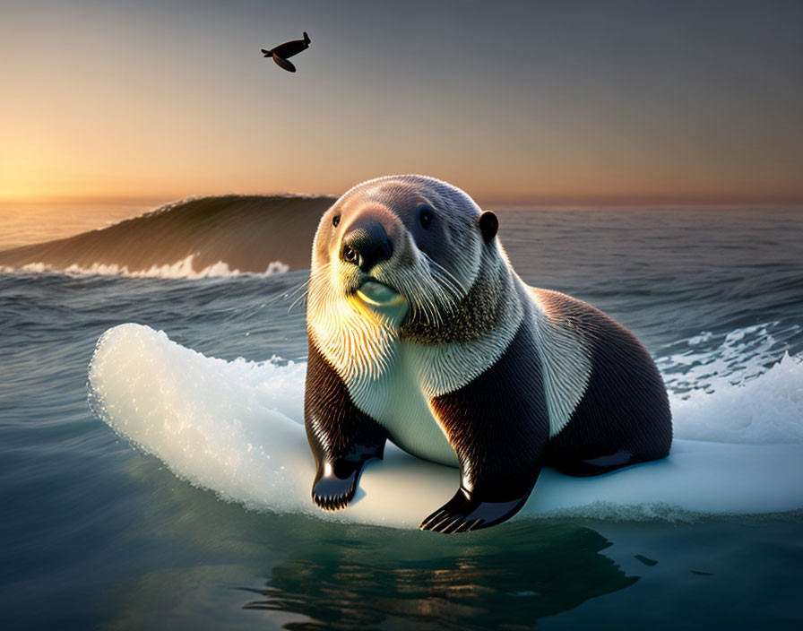 Digital Artwork: Otter Surfing Wave at Sunset with Seagull