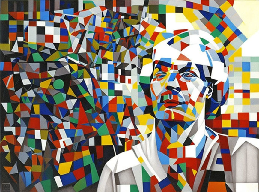 Vibrant Cubist painting with fragmented portrait and geometric shapes