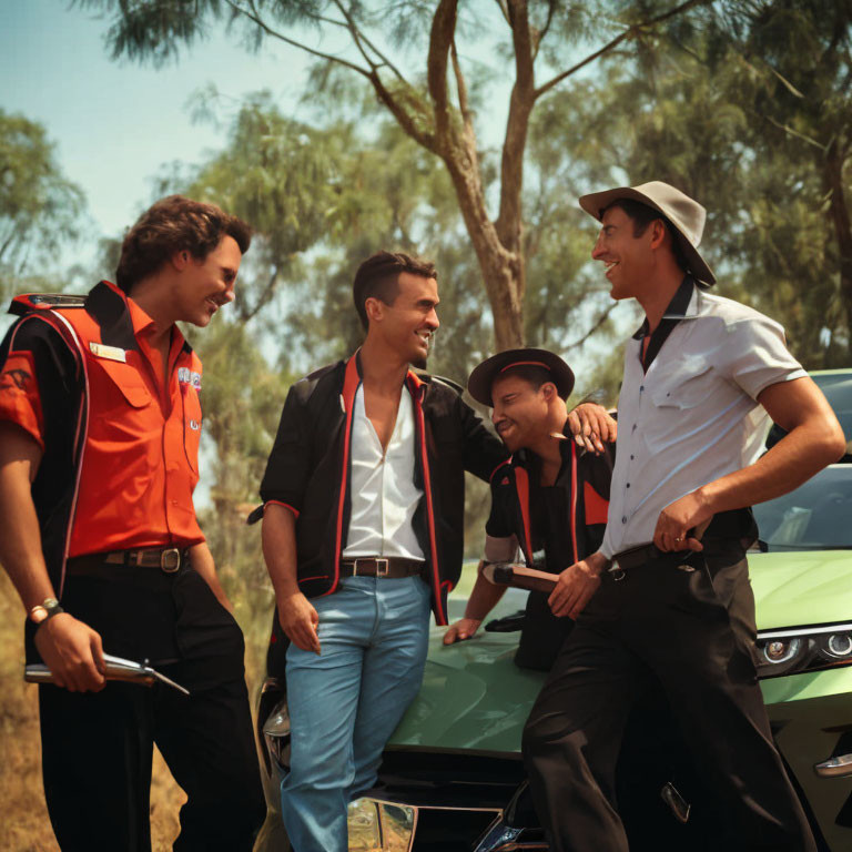 Four Men in Retro Outfits Laughing by Vintage Green Car