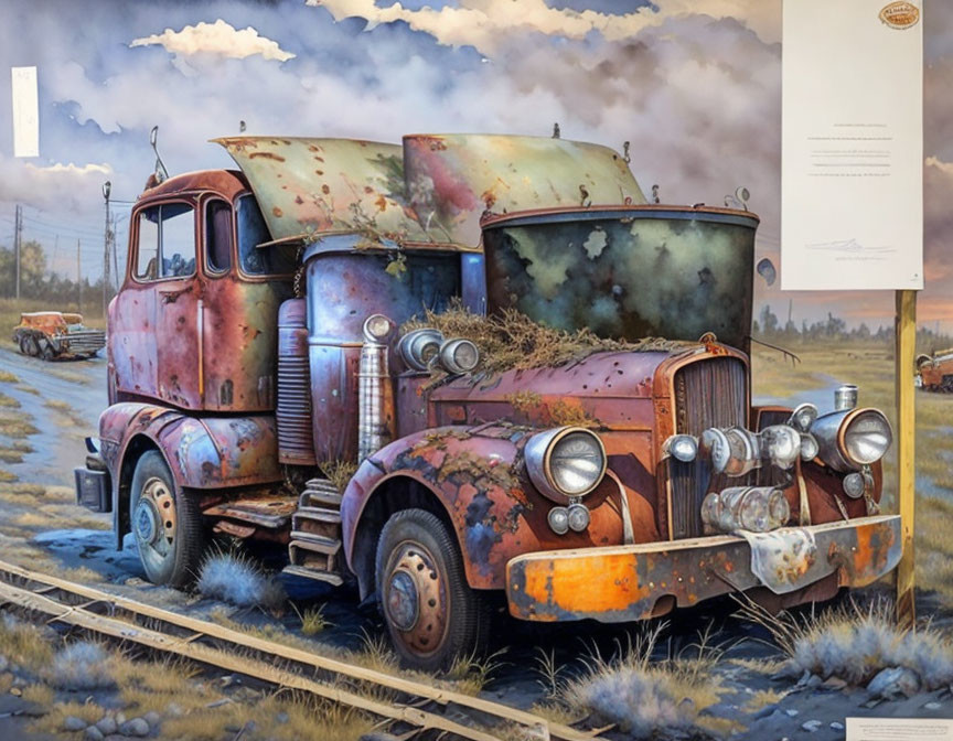 Rusted abandoned truck on grassy field under cloudy sky