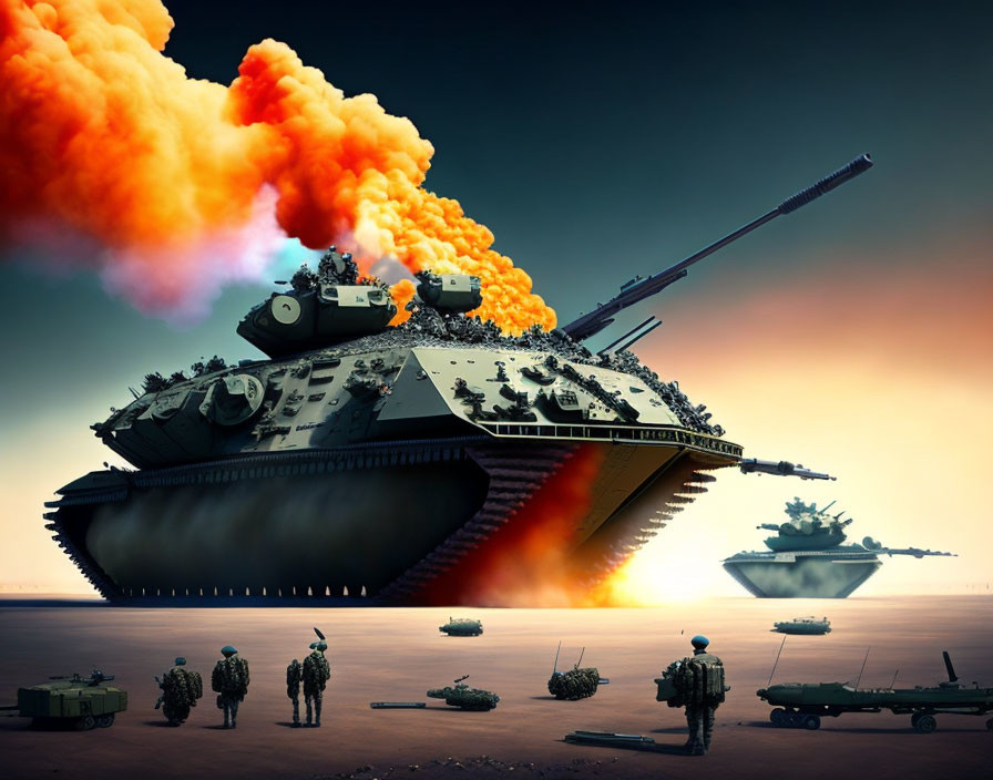 Surreal military tanks and soldiers in apocalyptic scene