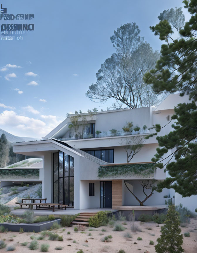 Modern Two-Story House with Flat Roof & Large Windows Amid Pine Trees & Desert Flora