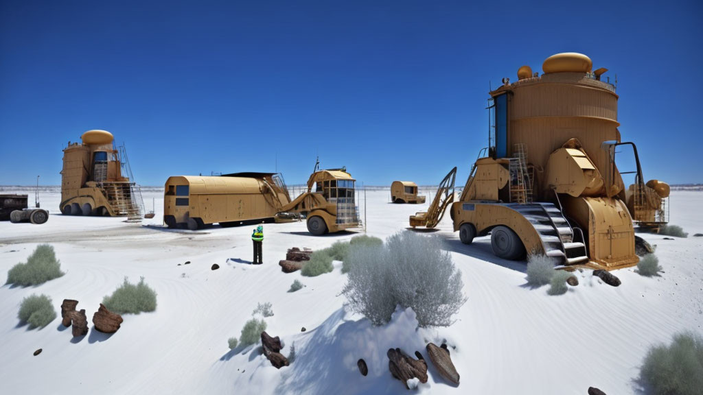 Abandoned machinery in desert landscape under clear blue sky