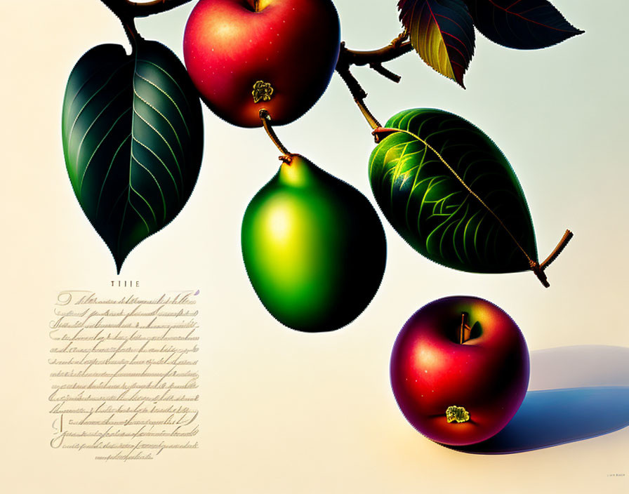 Realistic illustration of tree branch with red apples, green leaves, and pear on cursive backdrop.