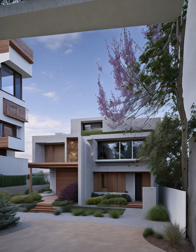 Modern House with Flat Roof, Wooden Elements, Large Windows, and Landscaping at Dusk