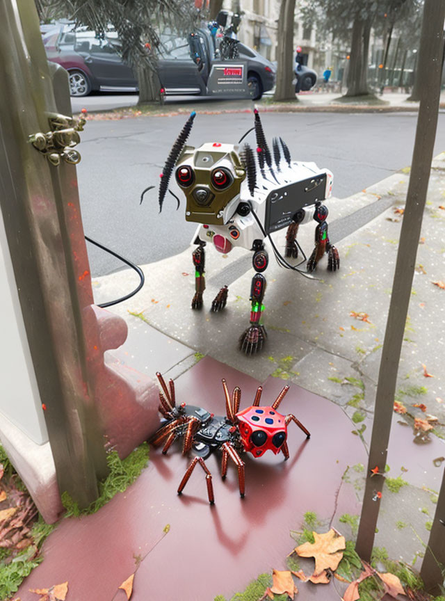 Metallic dog robot with spider-like features beside smaller robot on bench