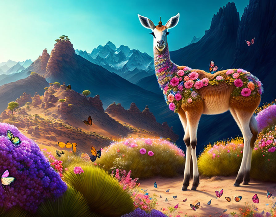 Colorful llama digital artwork with flowers, butterflies, and mountains.